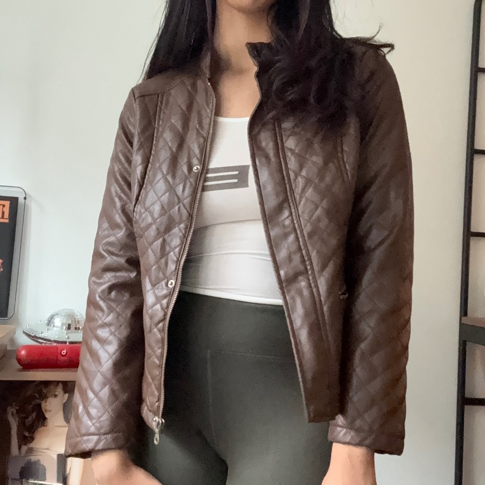 New Look Quilted Faux Leather Moto Jacket Brown Padded Collar Zip Front Womens